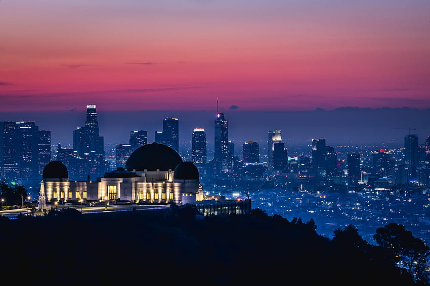 Griffith Observatory , Los Angeles, California, Sunrise, Pink sky, Dawn, World HD wallpaper