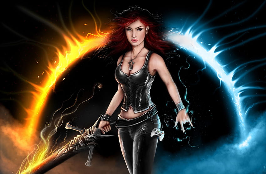 : girl, sword, semi circle, flames, ice 3280x2155 HD wallpaper