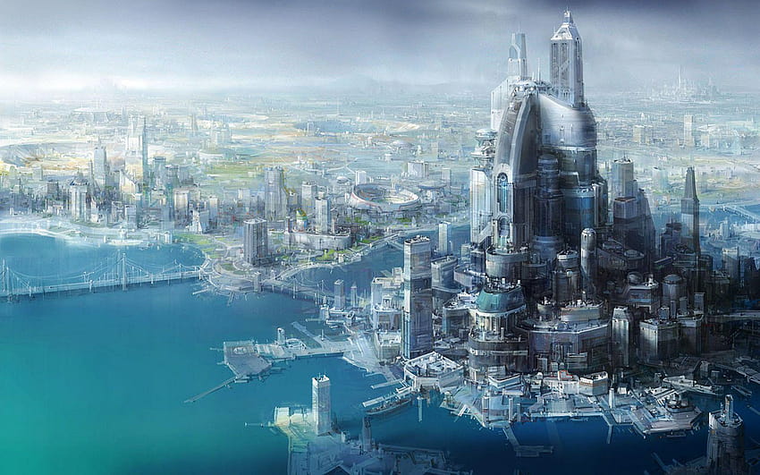 공상 과학 도시 미래 미래 바다 물 도크 건물 마천루 HD 월페이퍼