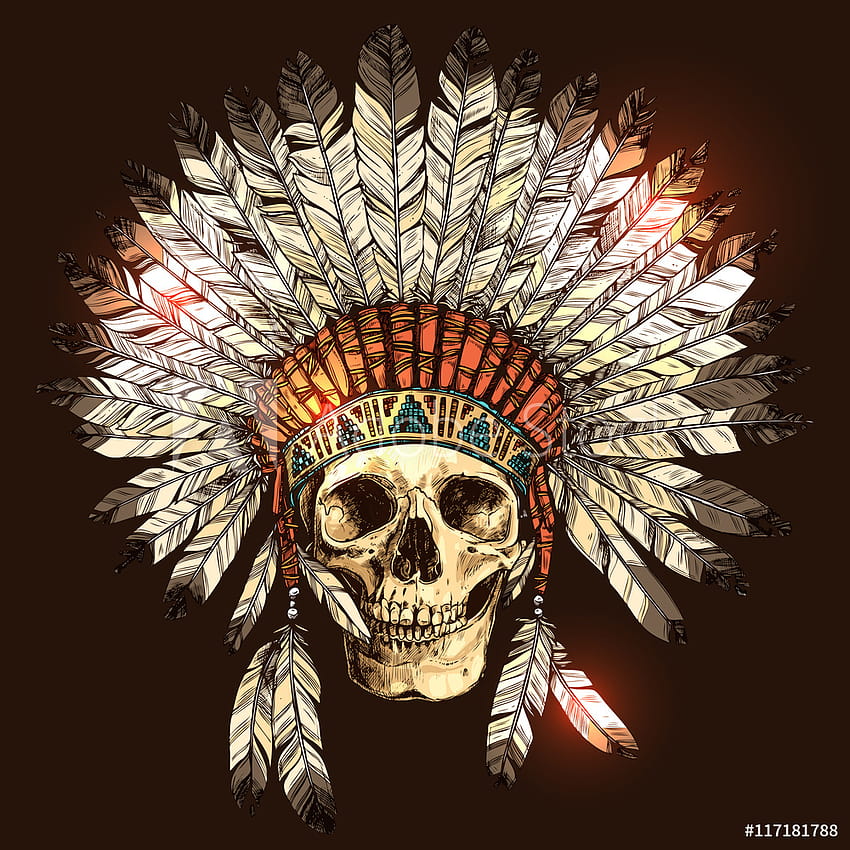 Hand Drawn Native American Indian Headdress With Human Skull Vector Color Illustration Of Indian Tribal Chief Feather Hat And Skull Wall Mural, indian skull HD phone wallpaper