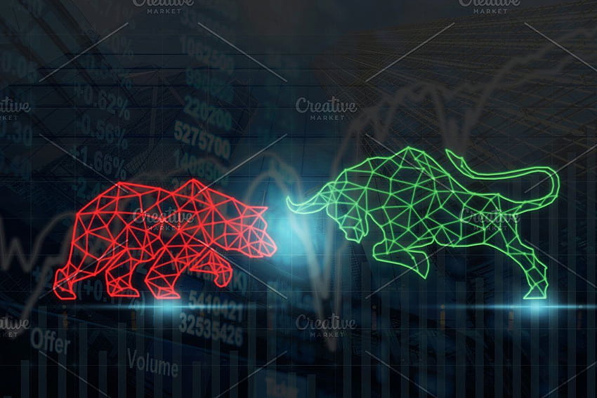 toro poligonal y escritura en forma de oso, toro del mercado de valores fondo de pantalla