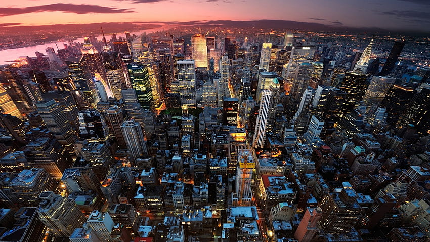 1920x1080 都市景観、マンハッタン、ニューヨーク、建物、鳥瞰図、ライト、ワイドスクリーンの夕日、マンハッタン ニューヨーク 高画質の壁紙