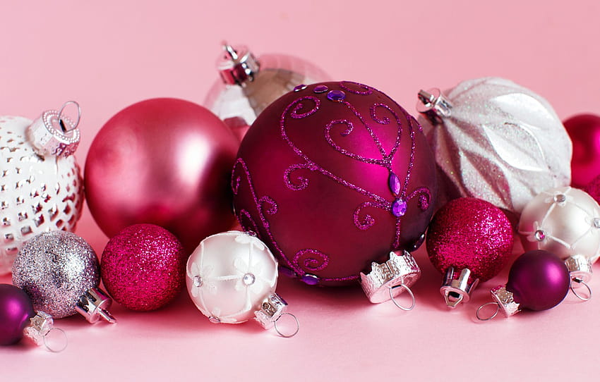 winter, balls, holiday, balls, toys, Christmas, small, New year, pink, white, ornament, large, pink background, a lot, different, lilac , section новый год, pink christmas balls HD wallpaper