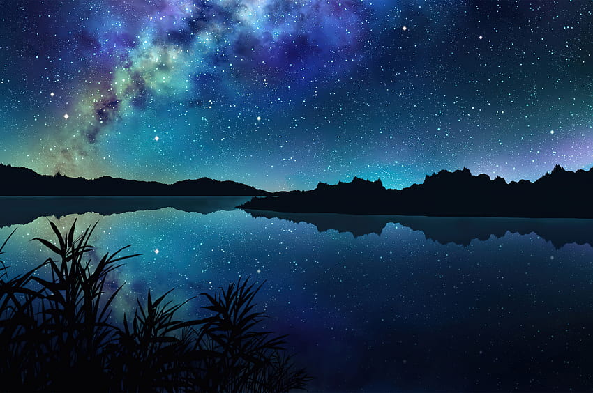 Starry Stars Night Sky Milky Way Anime Scenery Art [3840x2160] na telefon komórkowy i tablet, blue anime night Tapeta HD