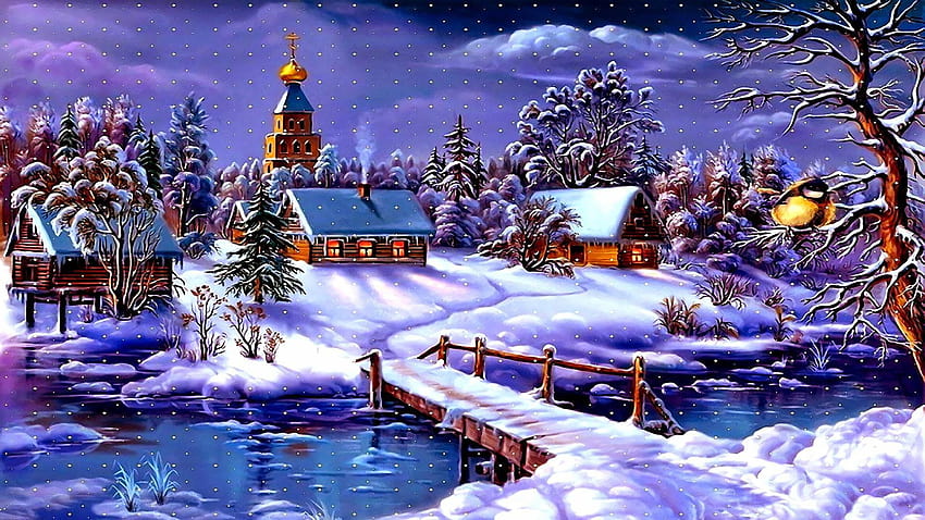 Snowfall, snowy christmas night art HD wallpaper