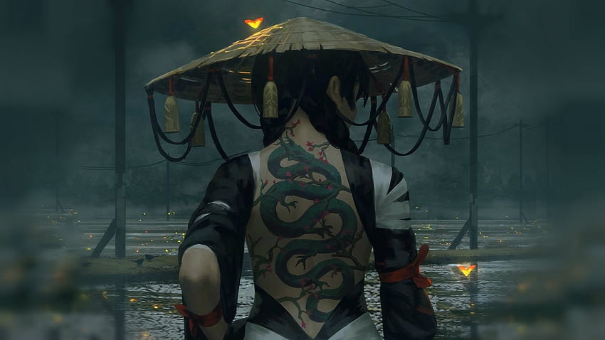 niña, nublado, espalda, charcos, ninja, gris, arte, trenzas, tatuaje de dragón, sombrero de paja, Yakuza, Guweiz, sección fantasía en resolución 1366x768, niña yakuza fondo de pantalla