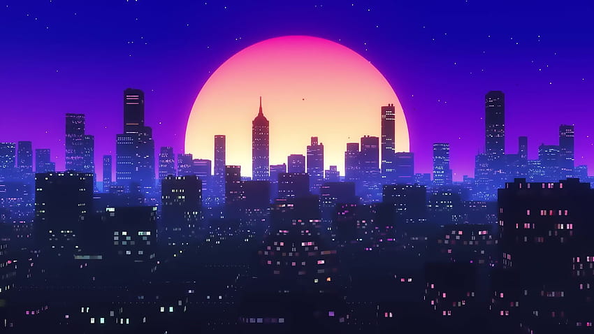 Il sole, Notte, Musica, La città, , Anni '80, Anni '80, Synth nel 2020, anime retrowave city Sfondo HD
