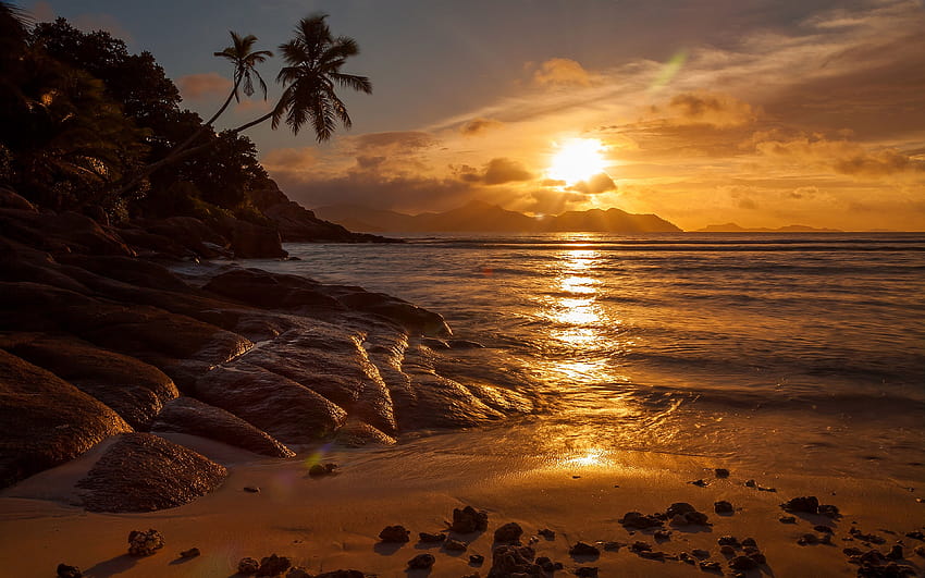 Остров Ла Диг на Сейшелите Paradise Beach Gold Sunset Ultra, райски плаж ultra HD тапет
