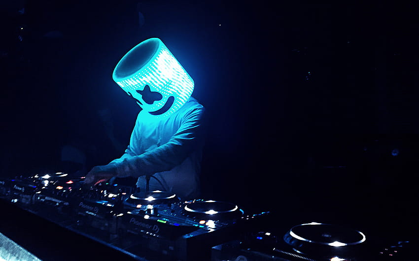 DJ Marshmello, EDM, festa, luz neon azul, música eletrônica, Chris Comstock, DJ console com resolução 3840x2400. Alta qualidade, dj clube papel de parede HD