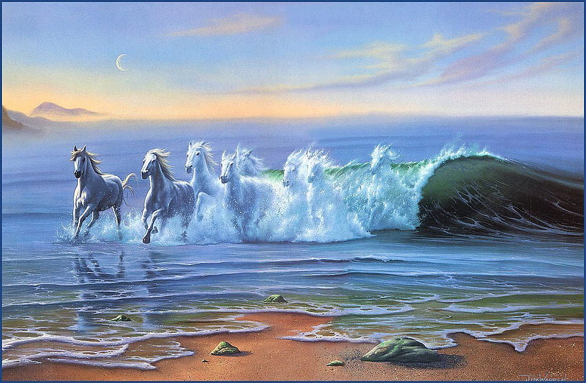 Caballos: Jim Warren Wild Waters Painting Art Sea Horse Best fondo de pantalla
