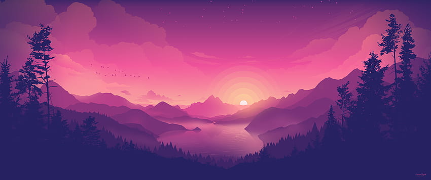 Seeufer, rosa Himmel, Sonnenuntergang, Minimal Art, Hintergrund mit Farbverlauf, Landschaft, Landschaft, Natur HD-Hintergrundbild