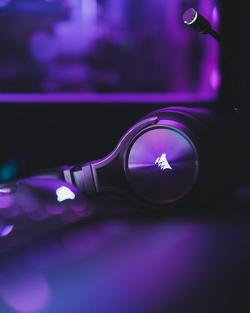 purple and black headphones on purple surface – Neon on, gaming headset HD phone wallpaper