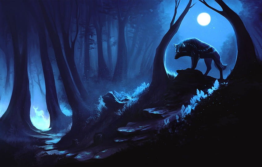 forest, night, wolf, deer, the spirit of the forest , section фантастика, anime night forest HD wallpaper