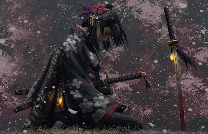 Chica asiática de fantasía, samurái, uniforme, flor de sakura, katana fondo de pantalla