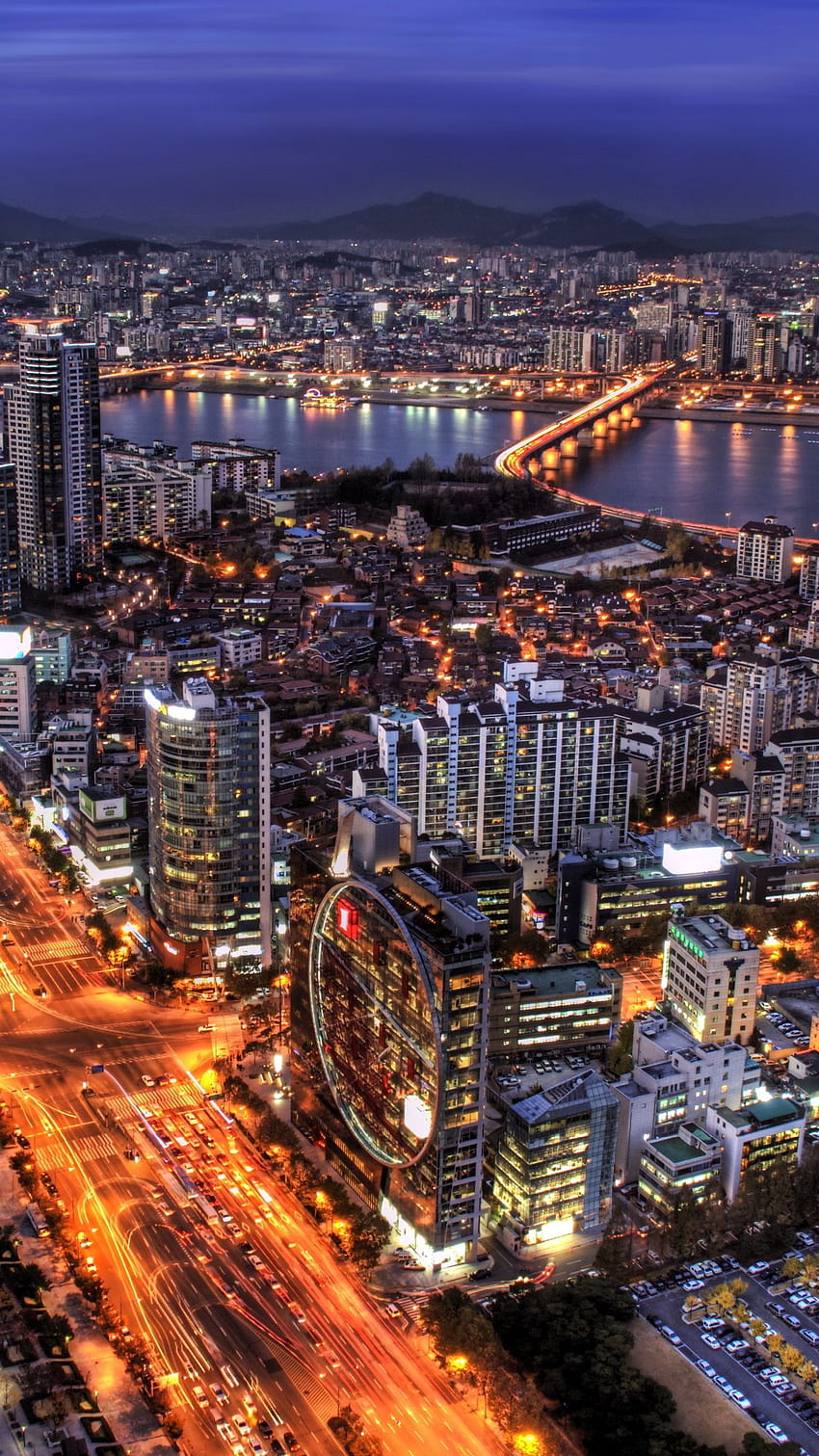 1350x2400 corea del sur, seúl, ciudad capital, noche, rascacielos, luces, azul, cielo, r iphone 8+/7+/6s+/ para s de paralaje fondo de pantalla del teléfono