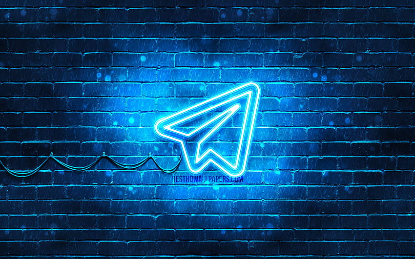 Синьо лого на Telegram, синя тухлена стена, лого на Telegram, социални мрежи, неоново лого на Telegram, Telegram с резолюция 3840x2400. Високо качество HD тапет