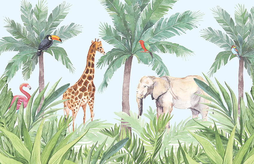 Стенопис за детска стая с акварел Jungle, тема джунгла HD тапет