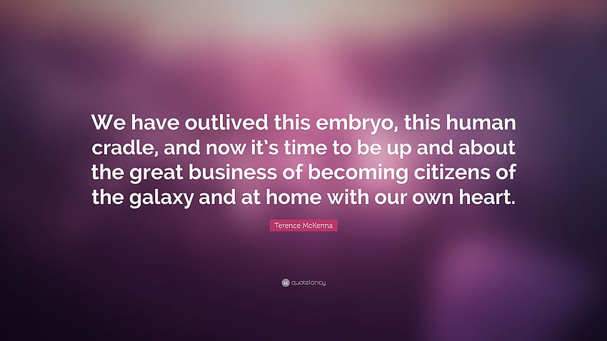 Terence McKenna Quote: “We have outlived this embryo, this human cradle, and now it's time to be up and about the great business of becoming cit...” HD wallpaper