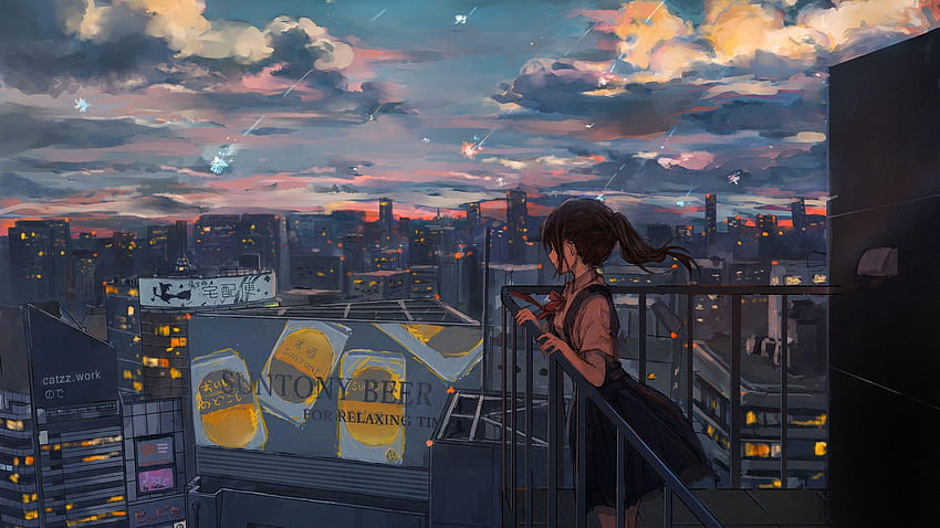 2560x1440 Anime Girl, Sadness, Falling Stars, Cityscape, rooftop HD ...