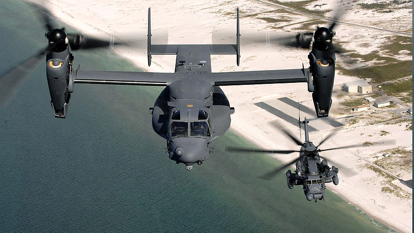 : airplane, military aircraft, air force, CV 22 Osprey, MH 53 Pave Low, aviation, aerospace engineering, helicopter rotor, rotorcraft, military helicopter, bell boeing v 22 osprey, tiltrotor, 2940x1653 px 2940x1653 HD wallpaper