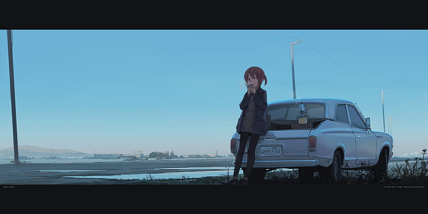 Anime Girls 2D Winter Short Hair Coffee Drinking Brunette Car Sunset Clear Sky Brown Eyes Original C HD wallpaper