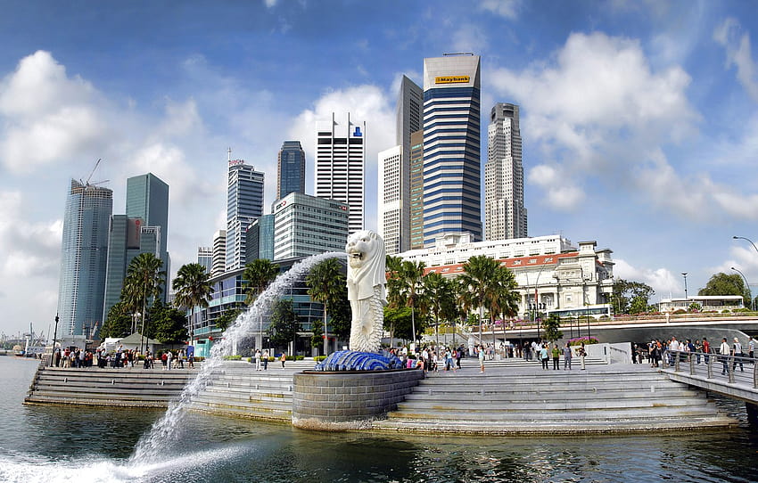 street, skyscrapers, Singapore, fountain, Merlion Park , section город HD wallpaper