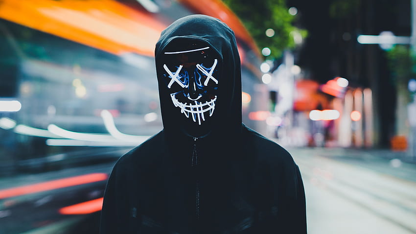 Persons in Mask , Neon Mask, Black Hoodie, Anonymous, graphy, hacker neon HD wallpaper