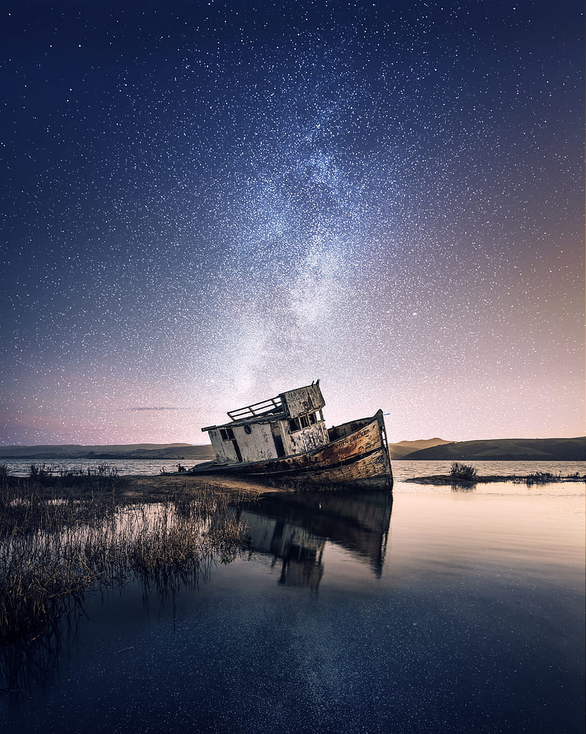 Wrecked Ship on Body of Water With Galaxy Backgrounds, abandoned boat HD phone wallpaper