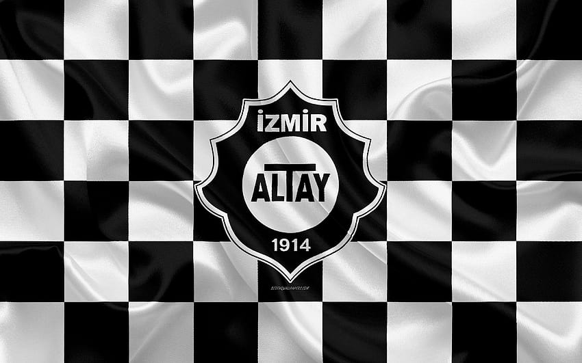 Altay SK, logo, creative art, black and white checkered flag, Turkish football club, Turkish 1 Lig, emblem, silk texture, Izmir, Turkey, football, Altay Izmir FC with resolution HD wallpaper