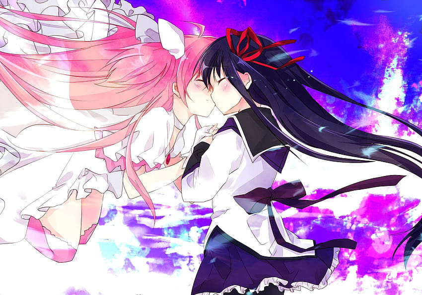 kenoodle on homura x madoka, yuri anime kissing HD wallpaper