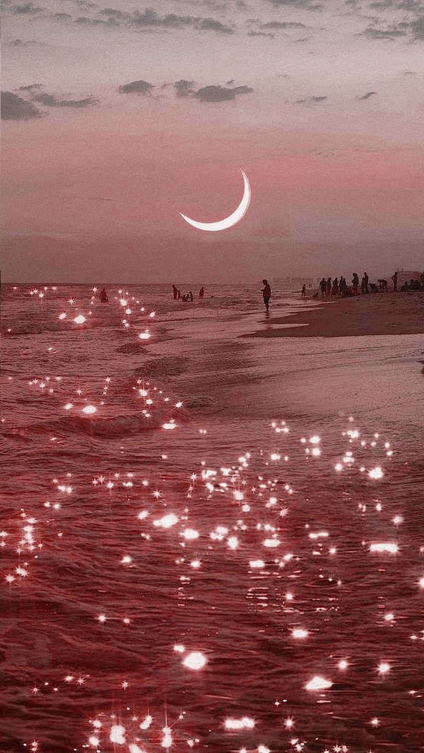 ピンクの月と海のロック画面、美しいピンクの雲と海 HD電話の壁紙