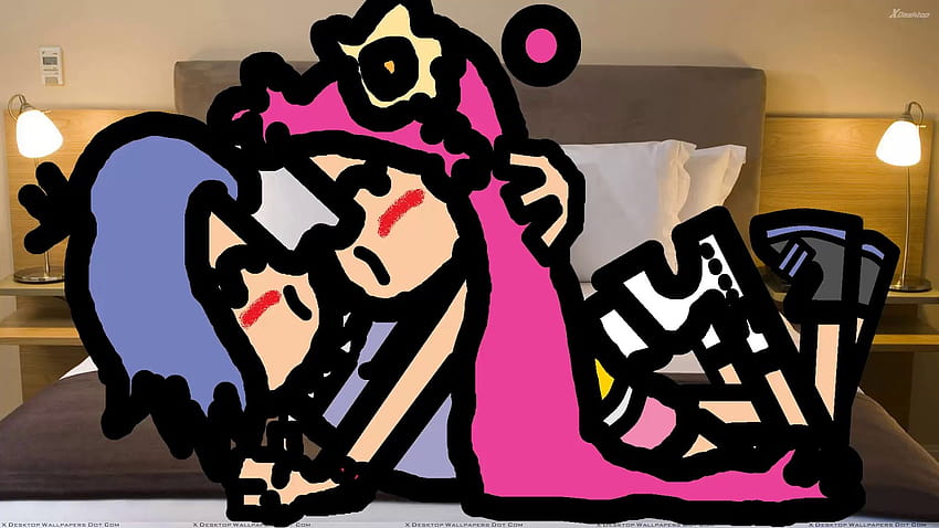 푹신한 AmiYumi 쇼 주제가 침대에서 키스하는 귀여운 레즈비언 HD 월페이퍼