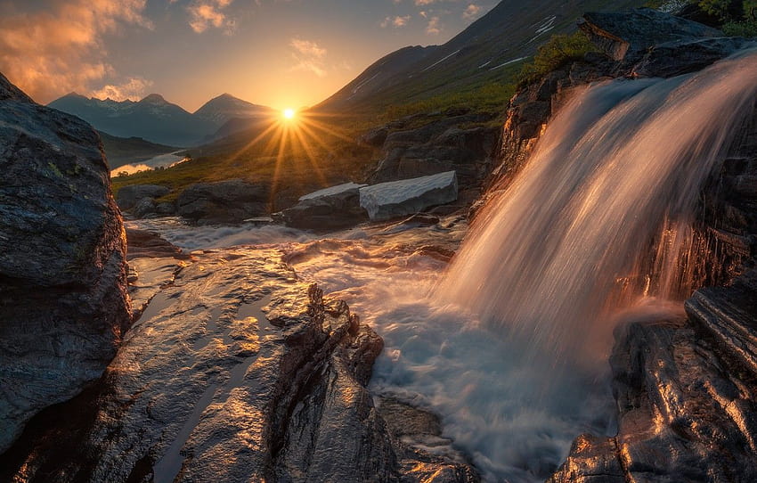 Mountains, sunrise, dawn, waterfall, morning, Norway, Norway, Romsdalen ...