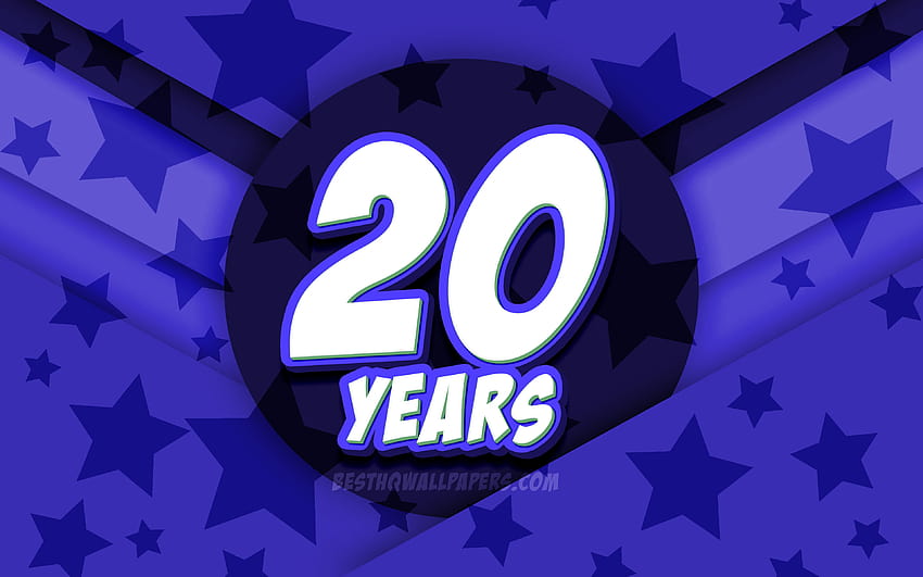 Happy 20 Years Birtay, lettres comiques 3D, Birtay Party, fond d'étoiles bleues, Happy 20th birtay, 20th Birtay Party, oeuvre d'art, concept Birtay, 20th Birtay avec résolution 3840x2400. Haut, numéro 20 Fond d'écran HD