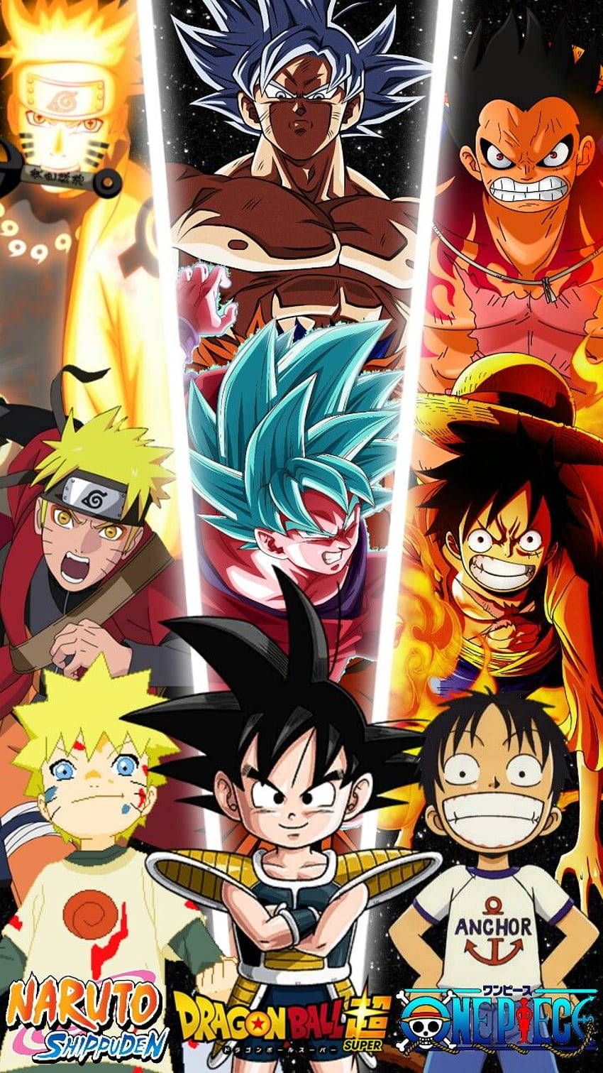 Anime Collage Dbz One Piece Naruto gepostet von Christopher Anderson, Ruffy und Goku HD-Handy-Hintergrundbild