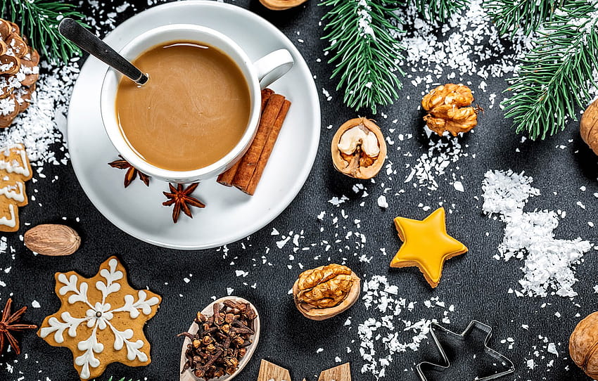 tree, cookies, Cup, New year, nuts, cinnamon, Christmas, cakes, cocoa, cookies , section еда HD wallpaper