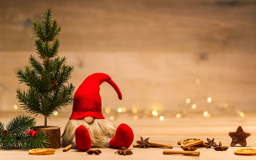 gnome, Xmax-Baum, Frohes Neues Jahr, Frohe Weihnachten, lila Dekorationen, Weihnachtsbaum, Weihnachten, Neujahr, Weihnachtsdekorationen mit einer Auflösung von 3840x2400. Hohe Qualität, Wichtelweihnachten HD-Hintergrundbild