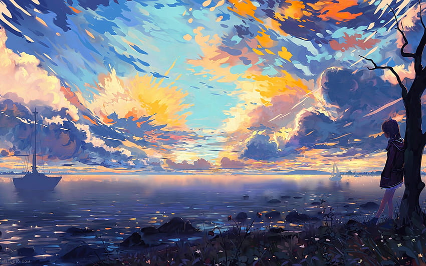 Paisaje de anime, mar, barcos, colorido, nubes, escénico, paisaje de cielo de anime fondo de pantalla