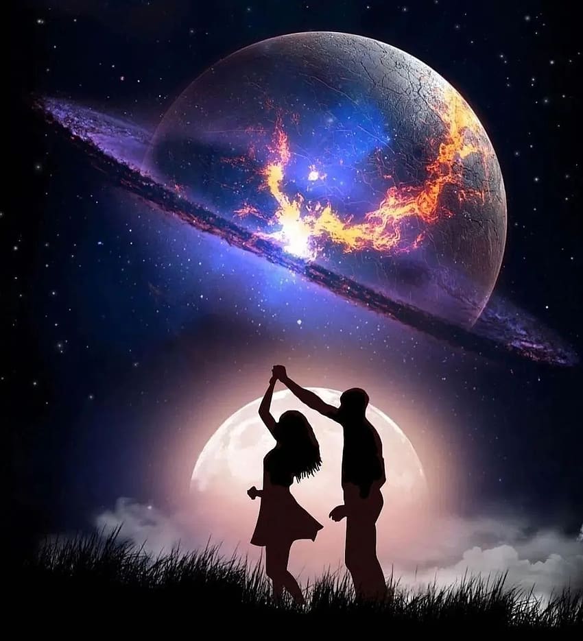 love, couple silhouette, planet, night HD phone wallpaper