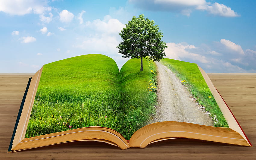 Ökologie, grünes Buch, Umwelt, Ökologiekonzepte, grüner Baum, Rette die Erde mit einer Auflösung von 3840x2400. Hohe Qualität, grüne Umgebung HD-Hintergrundbild