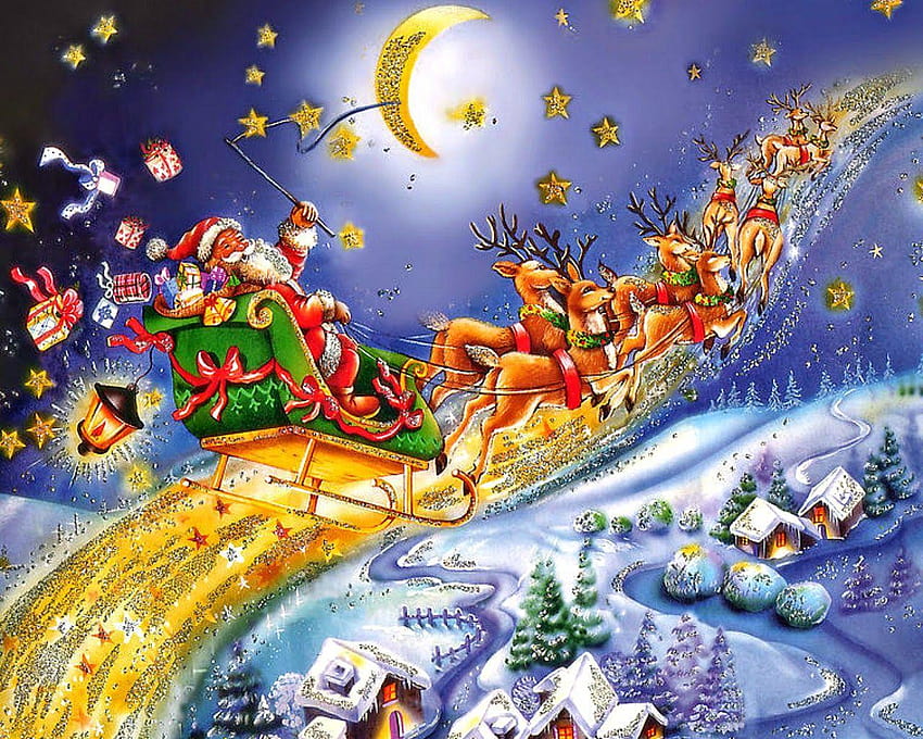 Santa Claus coming to town riding his reindeer sleigh flying in sky, christmas north pole HD wallpaper