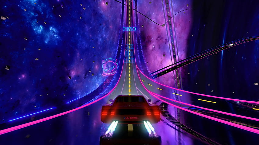 80s retro futuristic space drive seamless loop. Stylized cosmic highway in outrun VJ style with stars and planet. Vaporwave 3D animation backgrounds for music video, DJ set, clubs, EDM music Motion Backgrounds, retro night drive HD wallpaper