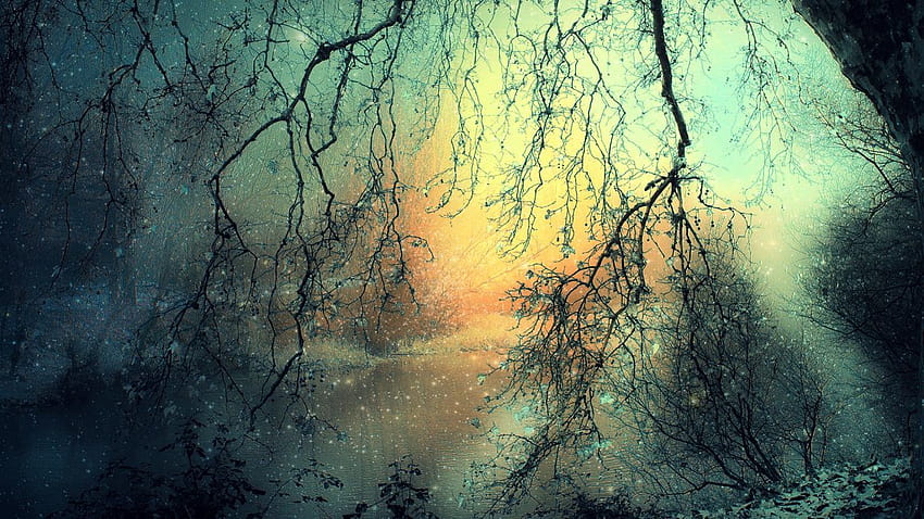 Naturalezas ríos agua árboles orilla otoño temporadas de otoño gotas copos manchas hojas mágicas luz solar invierno nieve nevando manipulación cg arte digital, otoño mágico fondo de pantalla