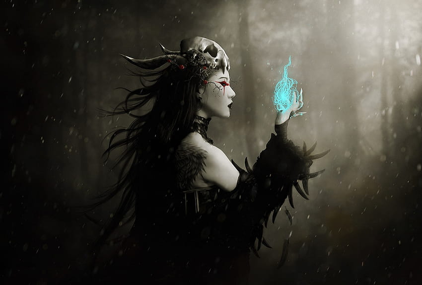 : 1920x1297 px, ART, dark, drops, evil, fantasy, females, flakes, forest, Gothic, magic, mood, occult, scary, skull, snow, spell, spooky, trees, winter, witch, women, woods 1920x1297, evil woman HD wallpaper