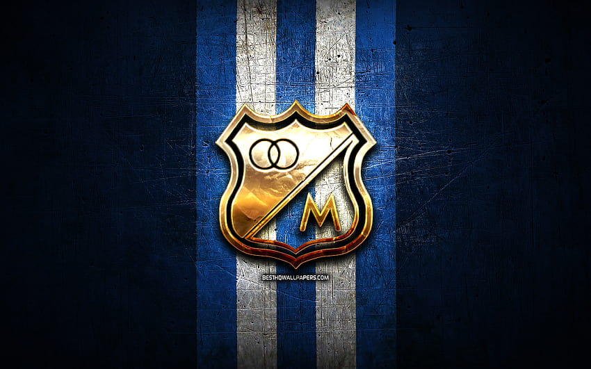 Millonarios FC, golden logo, Categoria Primera A, blue metal background, football, colombian football club, Millonarios logo, soccer, Millonarios SA with resolution 2880x1800. High Quality HD wallpaper