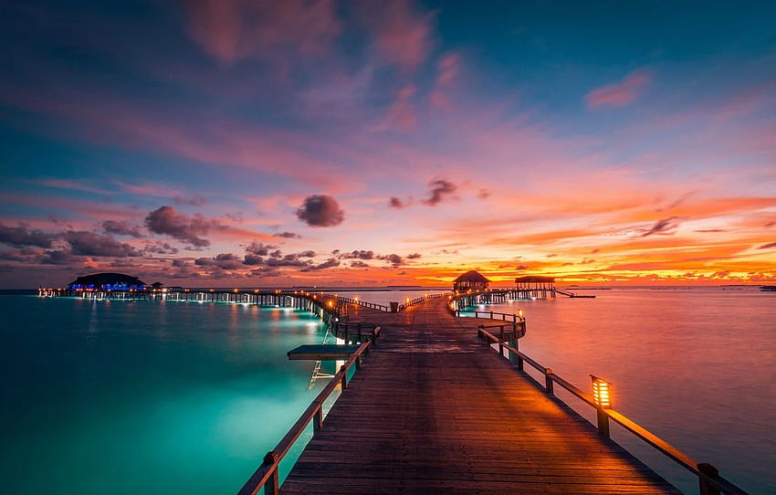 sunset, bridge, the ocean, The Maldives, The Indian, maldives sunset HD wallpaper