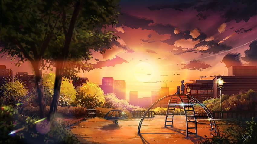 city clouds niko p original park scenic sunset tree, sunset city anime HD wallpaper