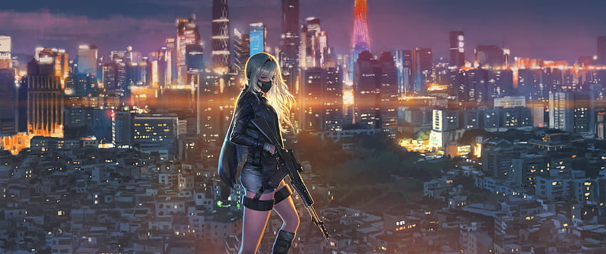 Anime Girl Rifle City Night, notte anime ultrawide Sfondo HD