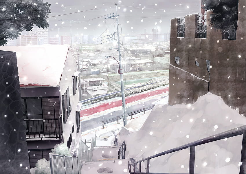 Snow City Winter Anime Stairs Cityscape, cityscape winter HD wallpaper