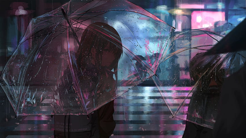 2048x1152 傘をさして雨に降るアニメの女の子 2048x1152 解像度、lofi 高画質の壁紙